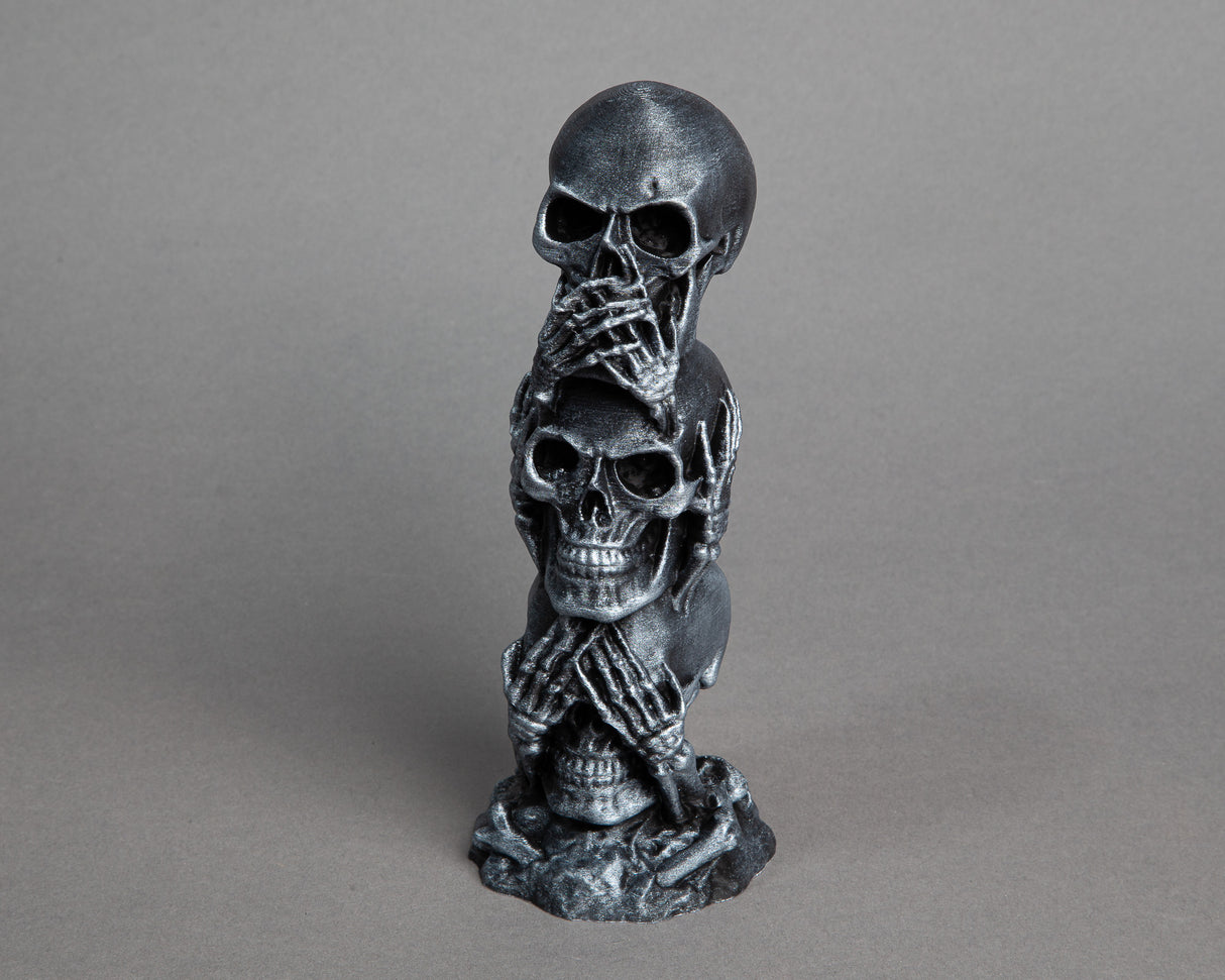 Speak No Evil Skull Decor: 3D Printed Metallic Silver Statue