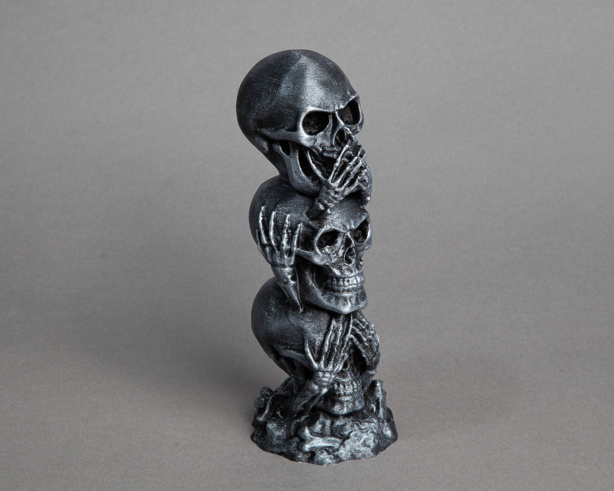 Speak No Evil Skull Decor: 3D Printed Metallic Silver Statue