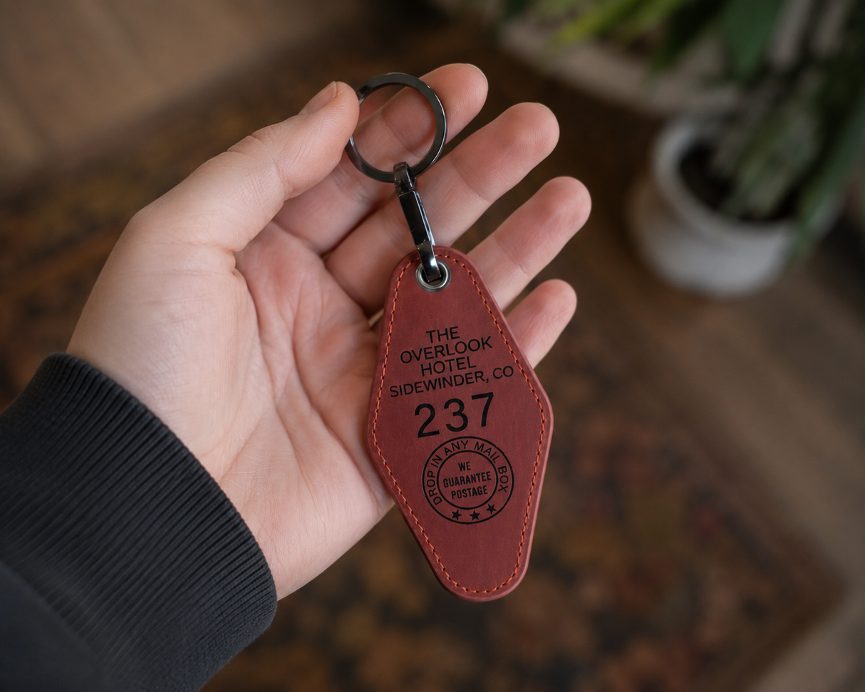 Overlook Hotel Room 237 Replica Keychain, Leather Laser Engraved Key Ring Inspired by The Shining, Horror Movie Fan Gift