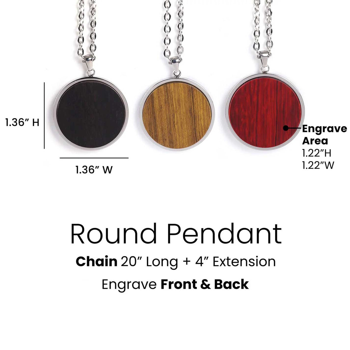 Personalized Round Wood Necklace, Engraved Circle Pendant, Custom Logo or Monogram Jewelry, Stainless Steel Keepsake Gift