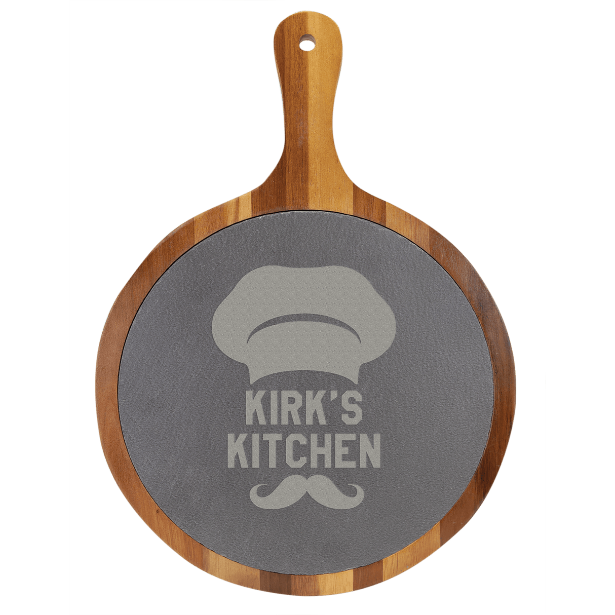 Round Acacia Wood/Slate Serving Board with Handle, 10 1/2" x 14 1/2"