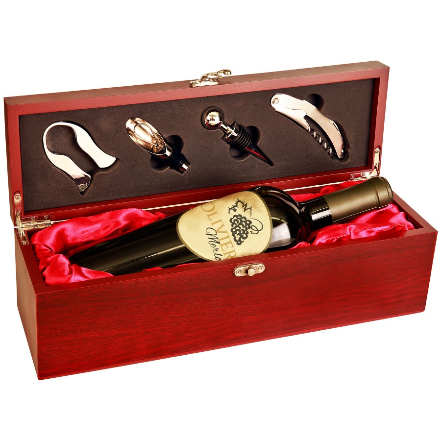 Rosewood Finish Single Wine Box with Tools & Red Lining