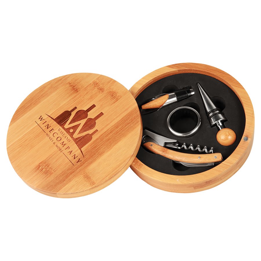 Round Bamboo 4-Piece Wine Tool Set
