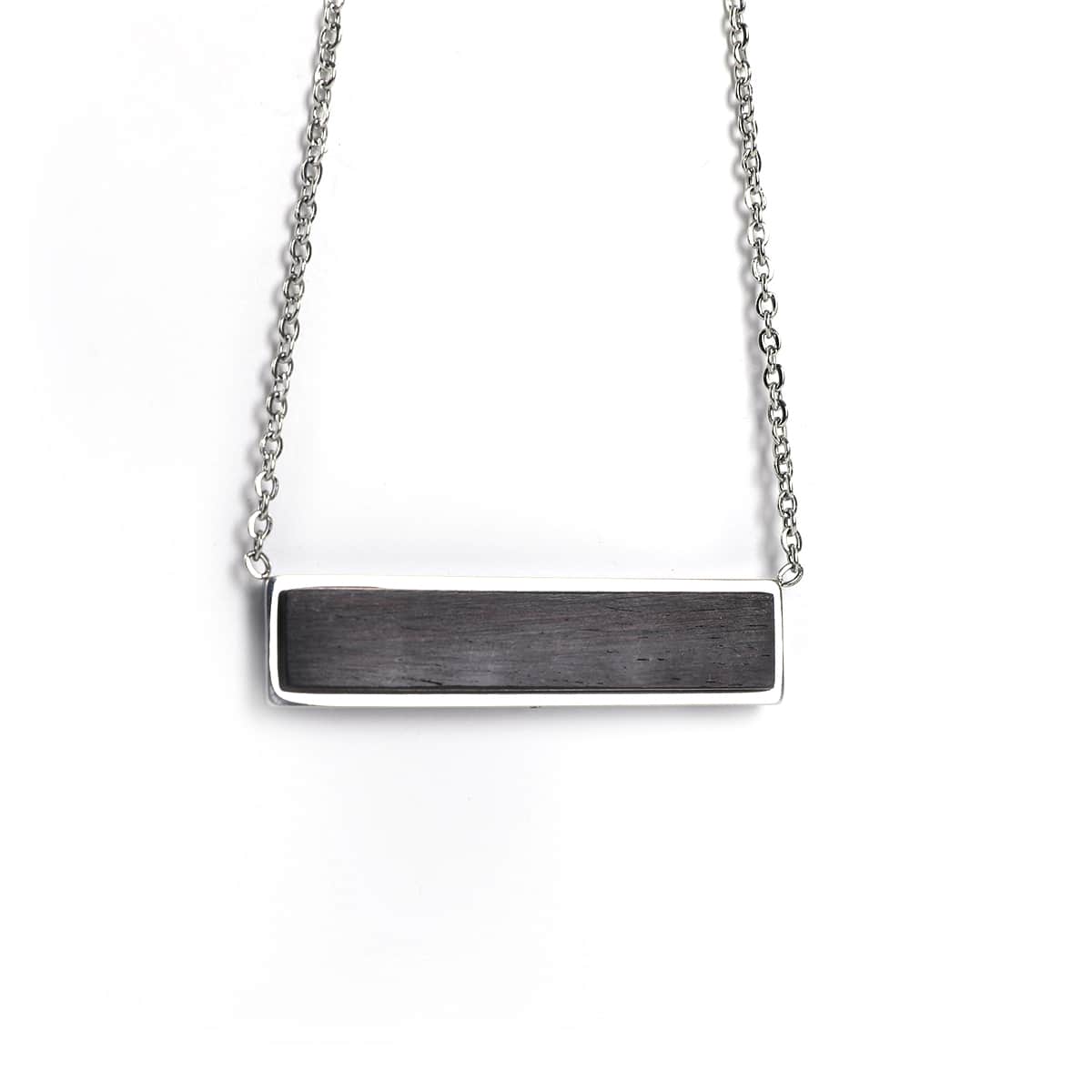 Personalized Horizontal Bar Necklace, Engraved Wood Pendant, Custom Name Necklace, Minimalist Stainless Steel Jewelry