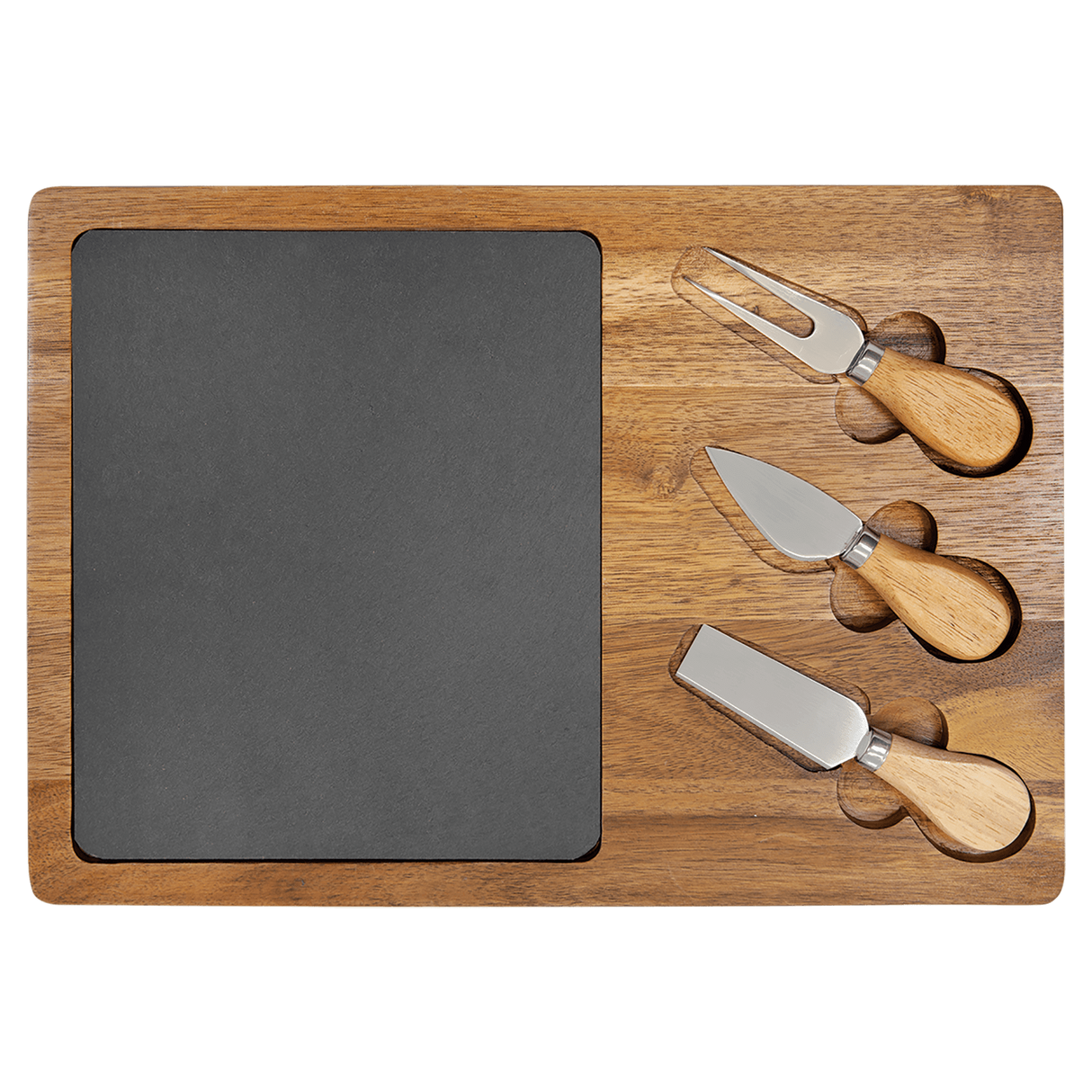 Acacia Wood/Slate Rectangle Cheese Set with Three Tools, 13 3/4" x 9 3/4"