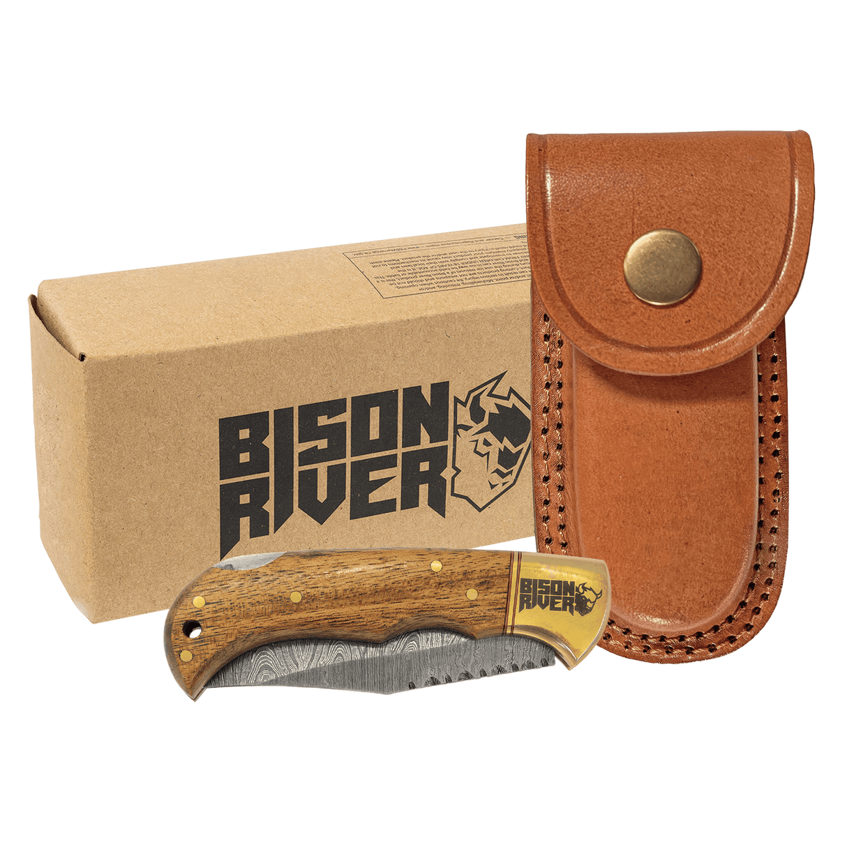 Bison River 3 3/4" Bone Folding Knife with Damascus Steel Blade and Leather Sheath