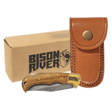 Bison River 3 3/4" Bone Folding Knife with Damascus Steel Blade and Leather Sheath