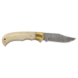 Bison River 3 3/4" Bone Folding Knife with Damascus Steel Blade and Leather Sheath