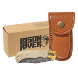 Bison River 3 3/4" Bone Folding Knife with Damascus Steel Blade and Leather Sheath
