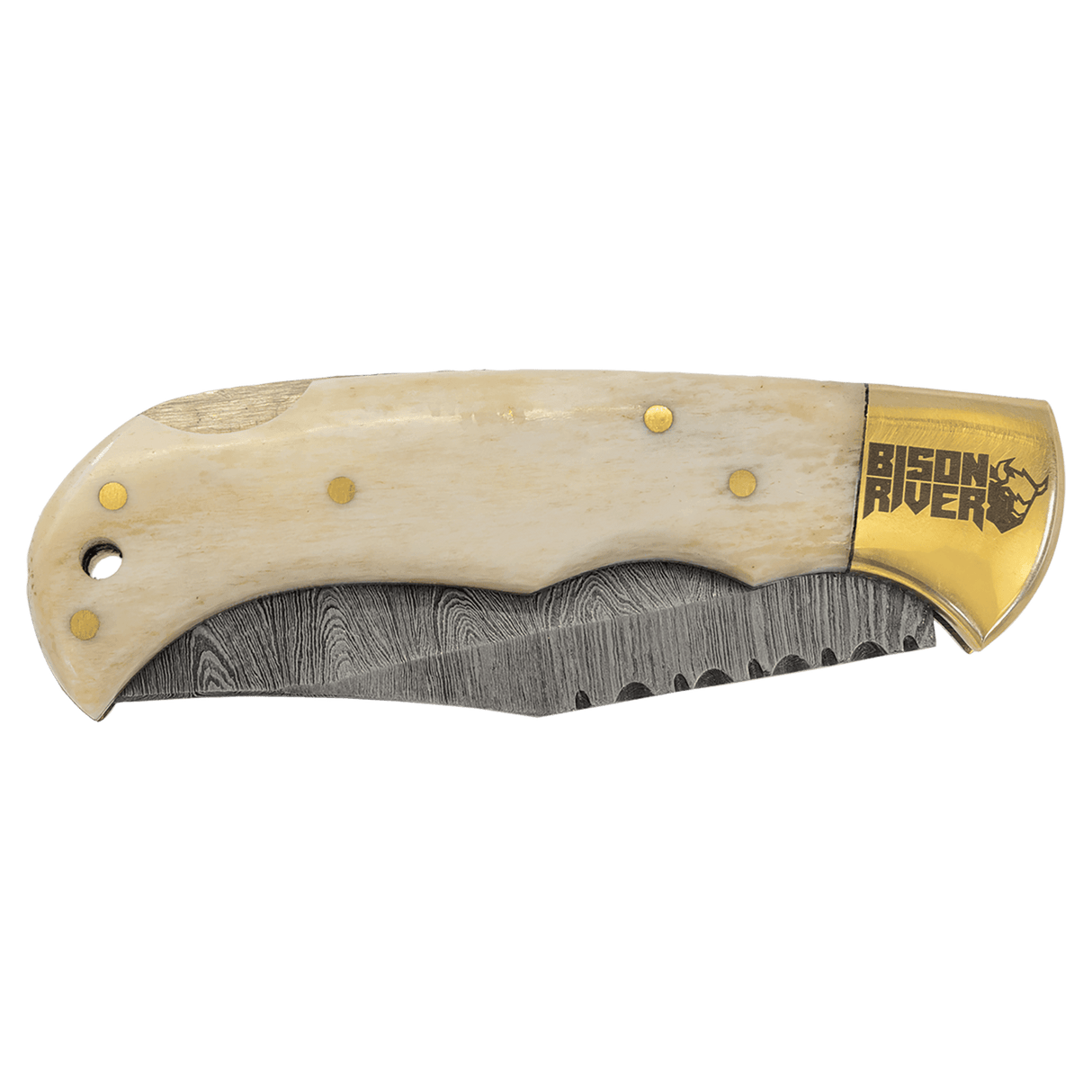 Bison River 3 3/4" Bone Folding Knife with Damascus Steel Blade and Leather Sheath
