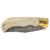 Bison River 3 3/4" Bone Folding Knife with Damascus Steel Blade and Leather Sheath