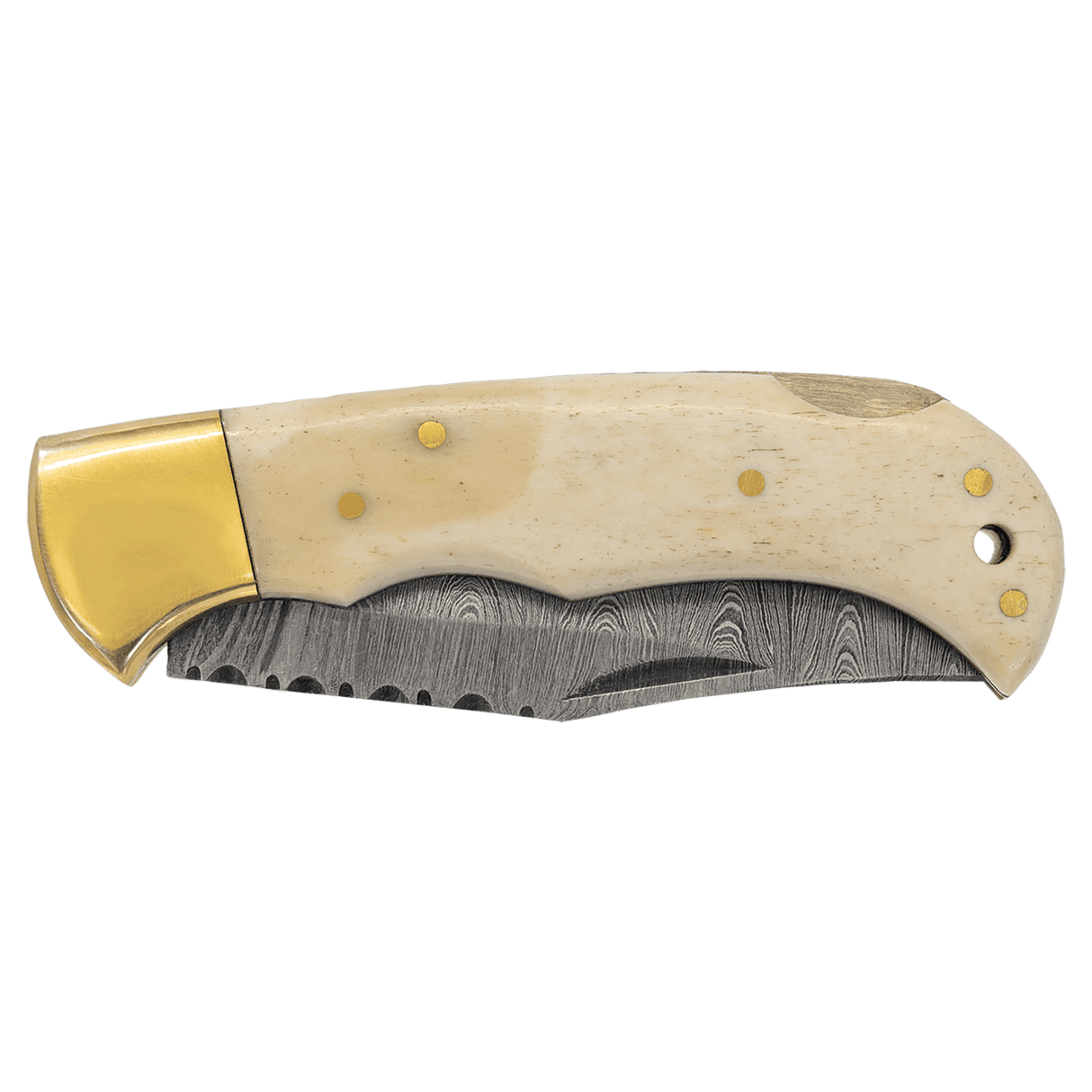 Bison River 3 3/4" Bone Folding Knife with Damascus Steel Blade and Leather Sheath