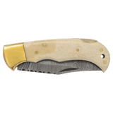 Bison River 3 3/4" Bone Folding Knife with Damascus Steel Blade and Leather Sheath
