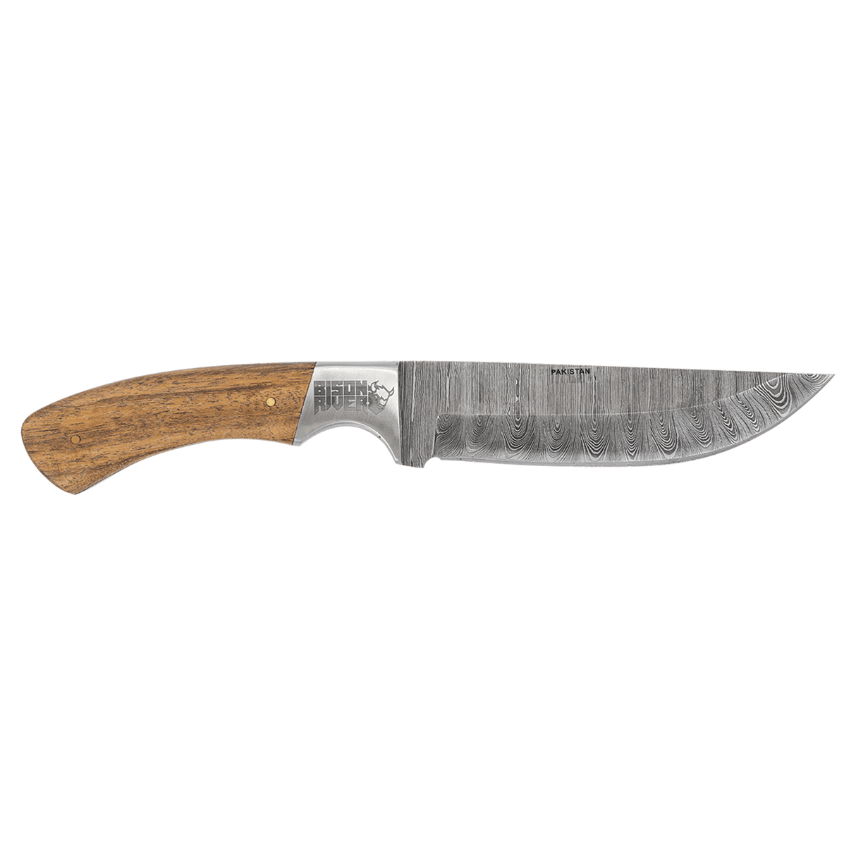 Bison River 9 1/2" Fixed Blade Wood Knife with Damascus Steel Blade and Leather Sheath