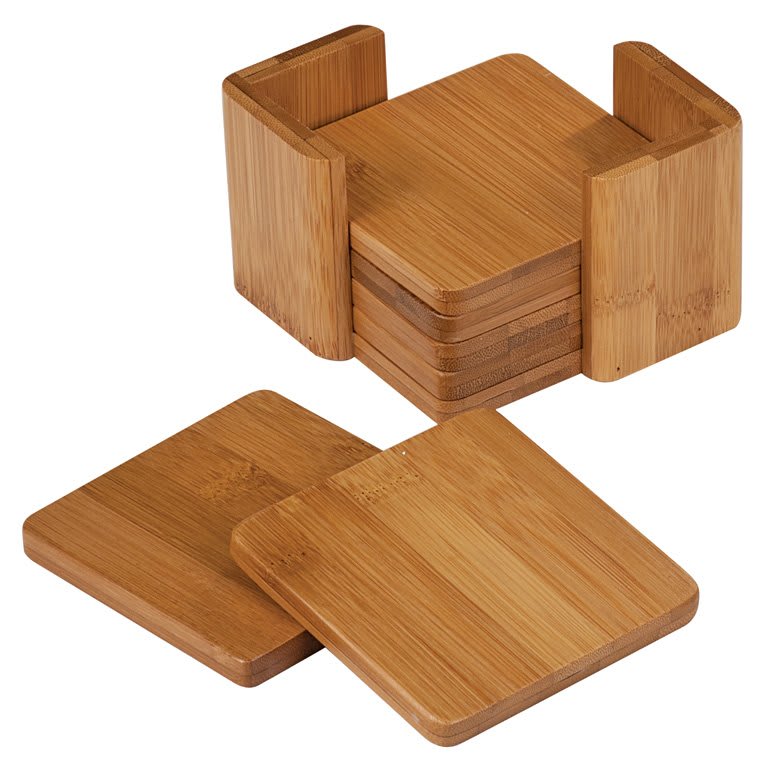 Bamboo Square 6-Coaster Set with Holder, 3 3/4" x 3 3/4"