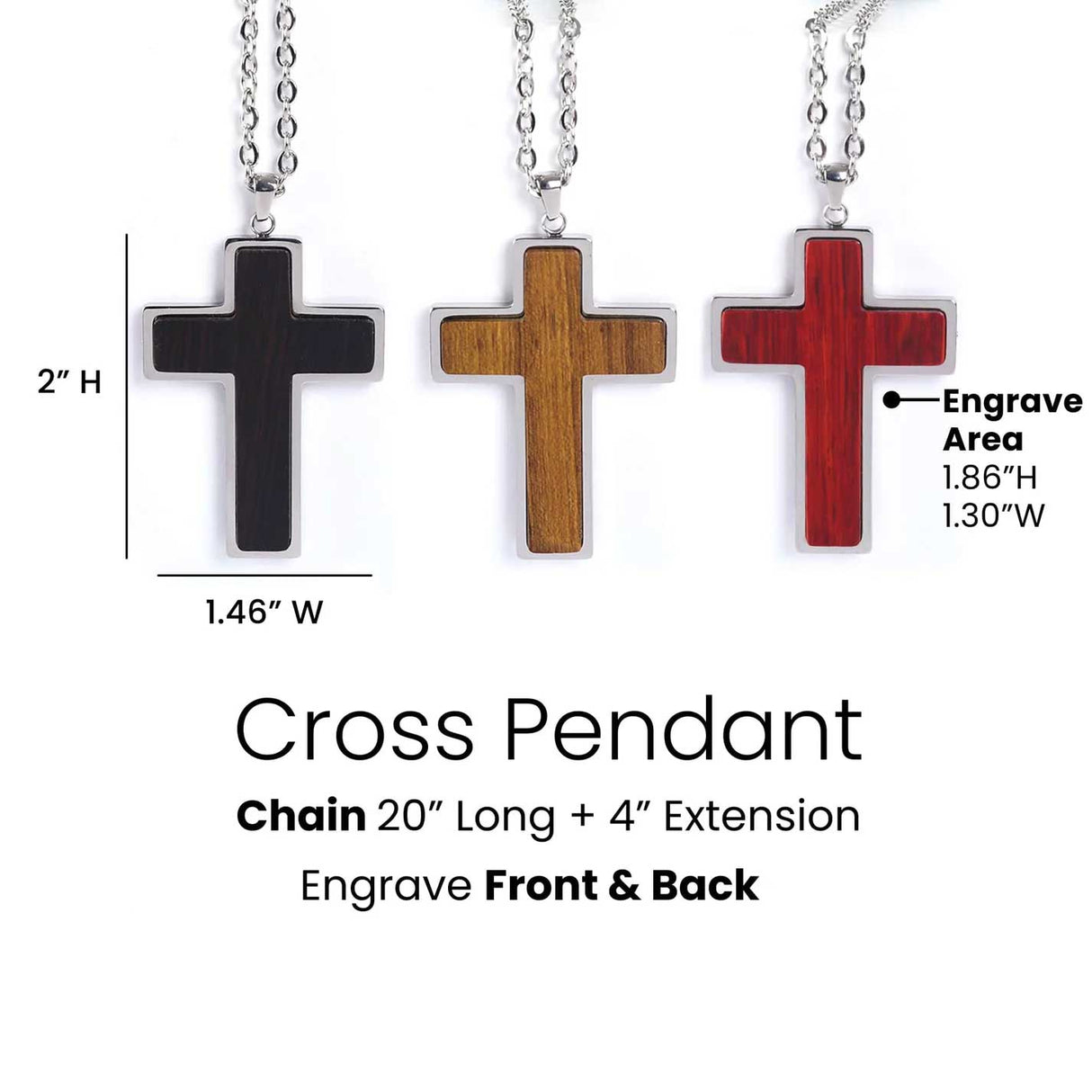 Personalized Wood Cross Necklace, Engraved Pendant, Stainless Steel, Custom Faith Gift for Men or Women