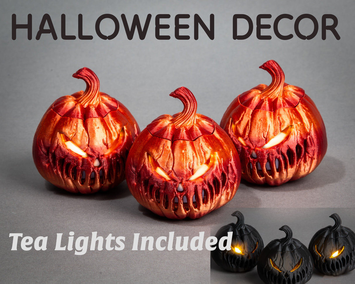 3-Pack Lighted Scary Pumpkins, Halloween Decoration, 3D Printed