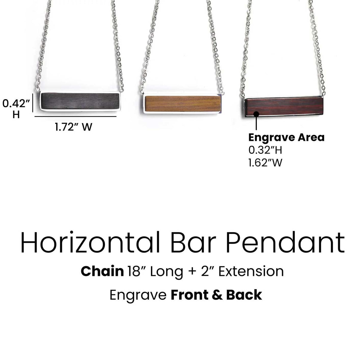 Personalized Horizontal Bar Necklace, Engraved Wood Pendant, Custom Name Necklace, Minimalist Stainless Steel Jewelry
