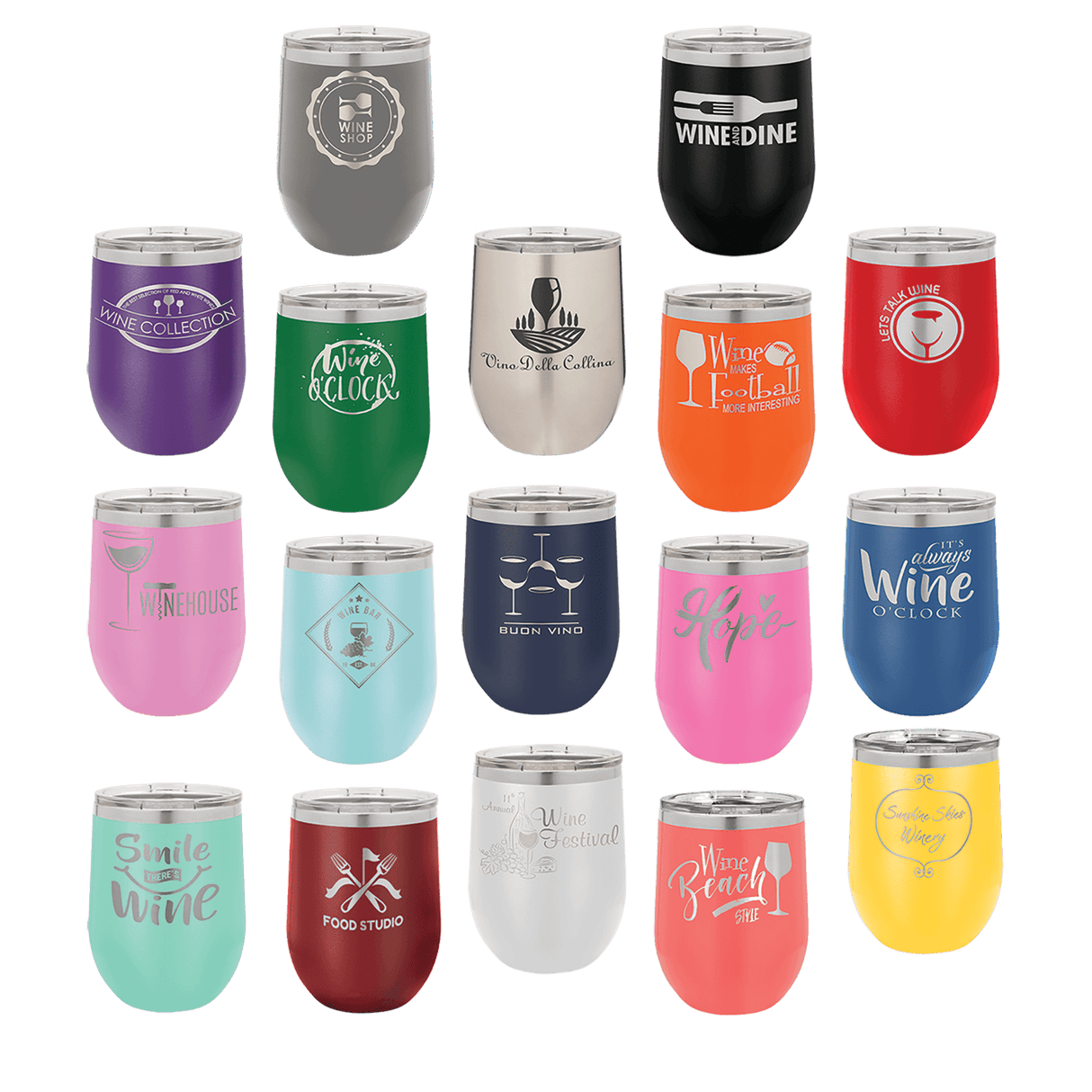 12 oz. Stemless Wine Glasses, Basic Colors