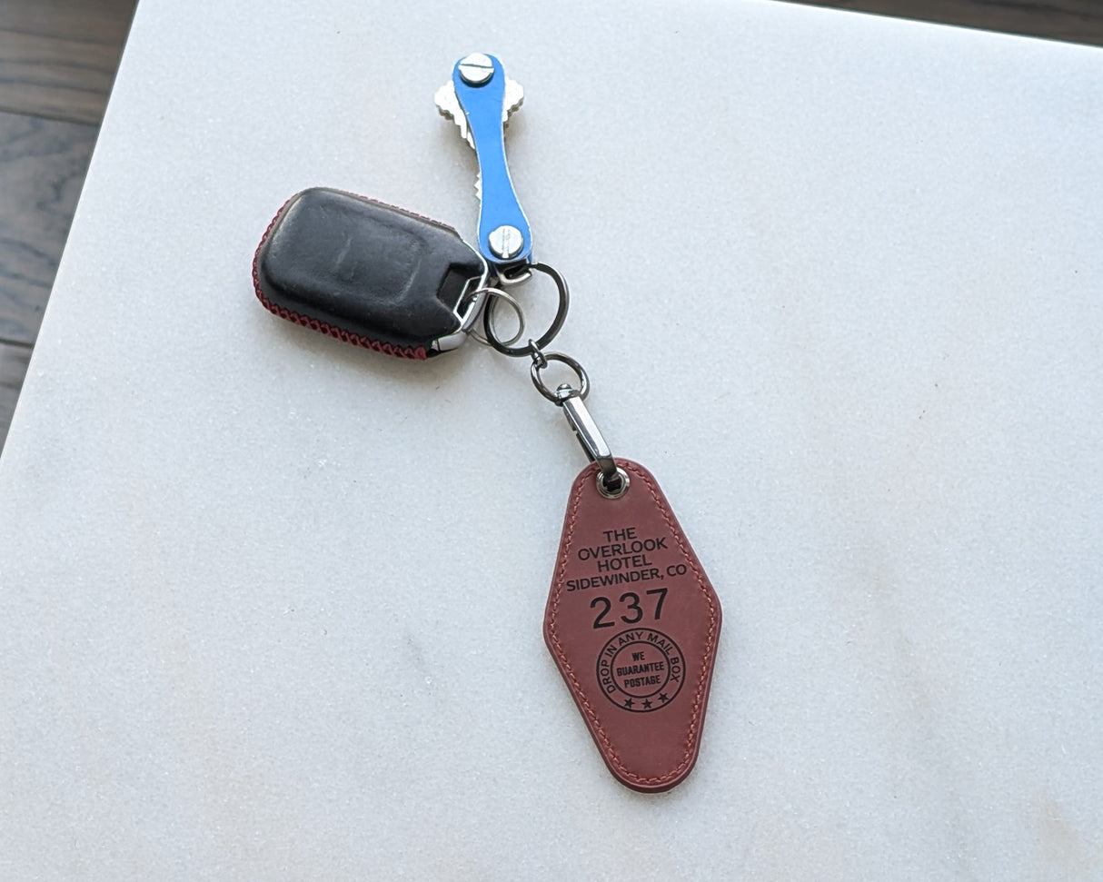Overlook Hotel Room 237 Replica Keychain, Leather Laser Engraved Key Ring Inspired by The Shining, Horror Movie Fan Gift