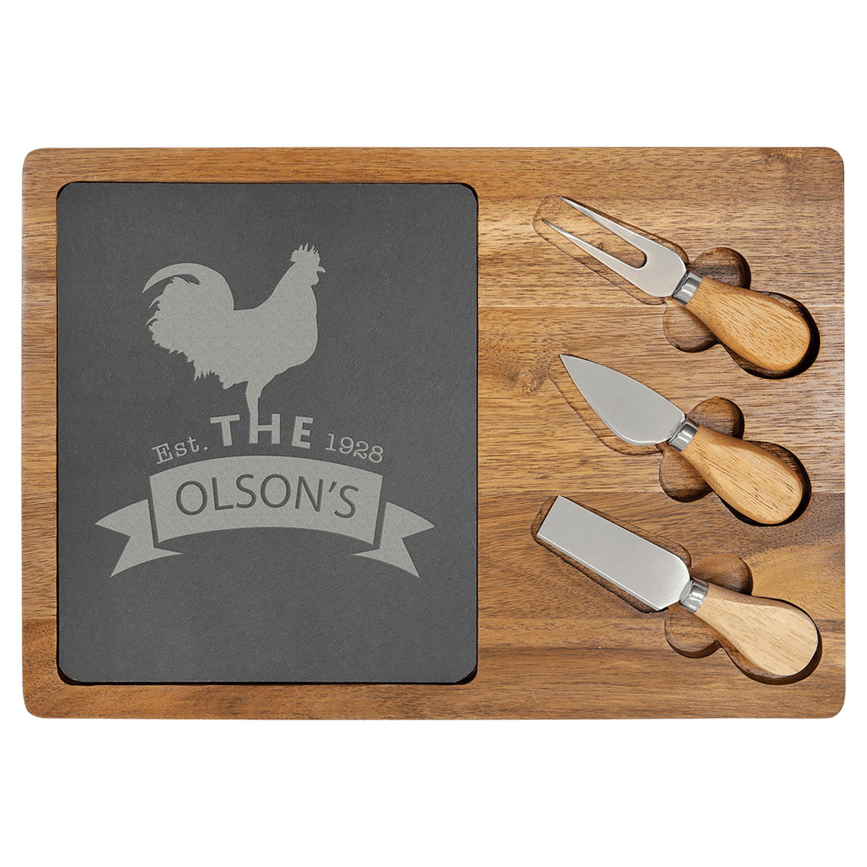 Acacia Wood/Slate Rectangle Cheese Set with Three Tools 13 3/4" x 9 3/4"