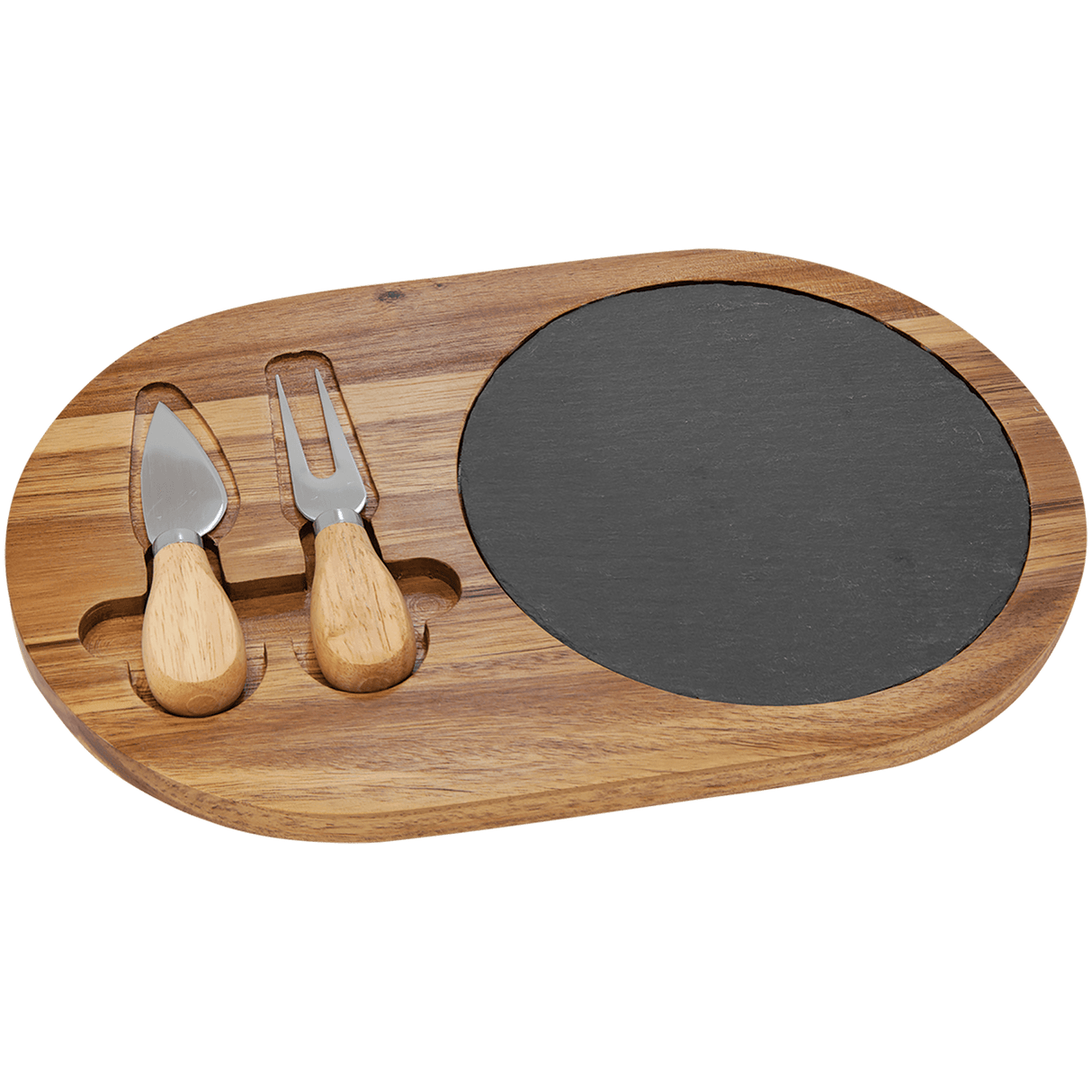 Acacia Wood/Slate Oval Cheese Set with Two Tools 12 1/2" x 7 3/4"