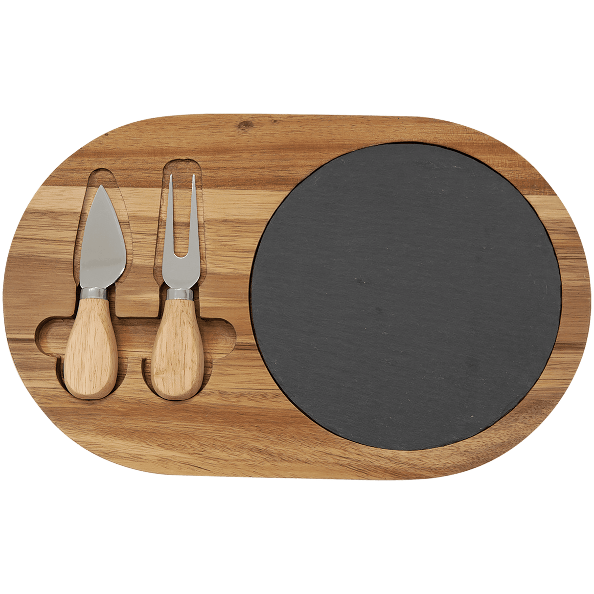 Acacia Wood/Slate Oval Cheese Set with Two Tools 12 1/2" x 7 3/4"