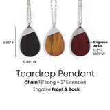 Personalized Wood Teardrop Necklace, Engraved Drop Pendant, Custom Initial Jewelry, Memorial or Anniversary Gift for Her