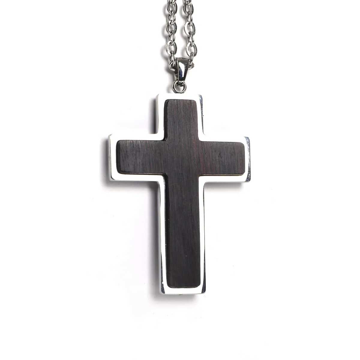 Personalized Wood Cross Necklace, Engraved Pendant, Stainless Steel, Custom Faith Gift for Men or Women